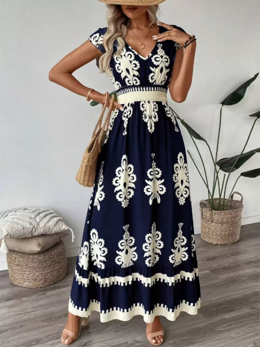 Printed V-Neck Ruffled Cap Sleeve Dress