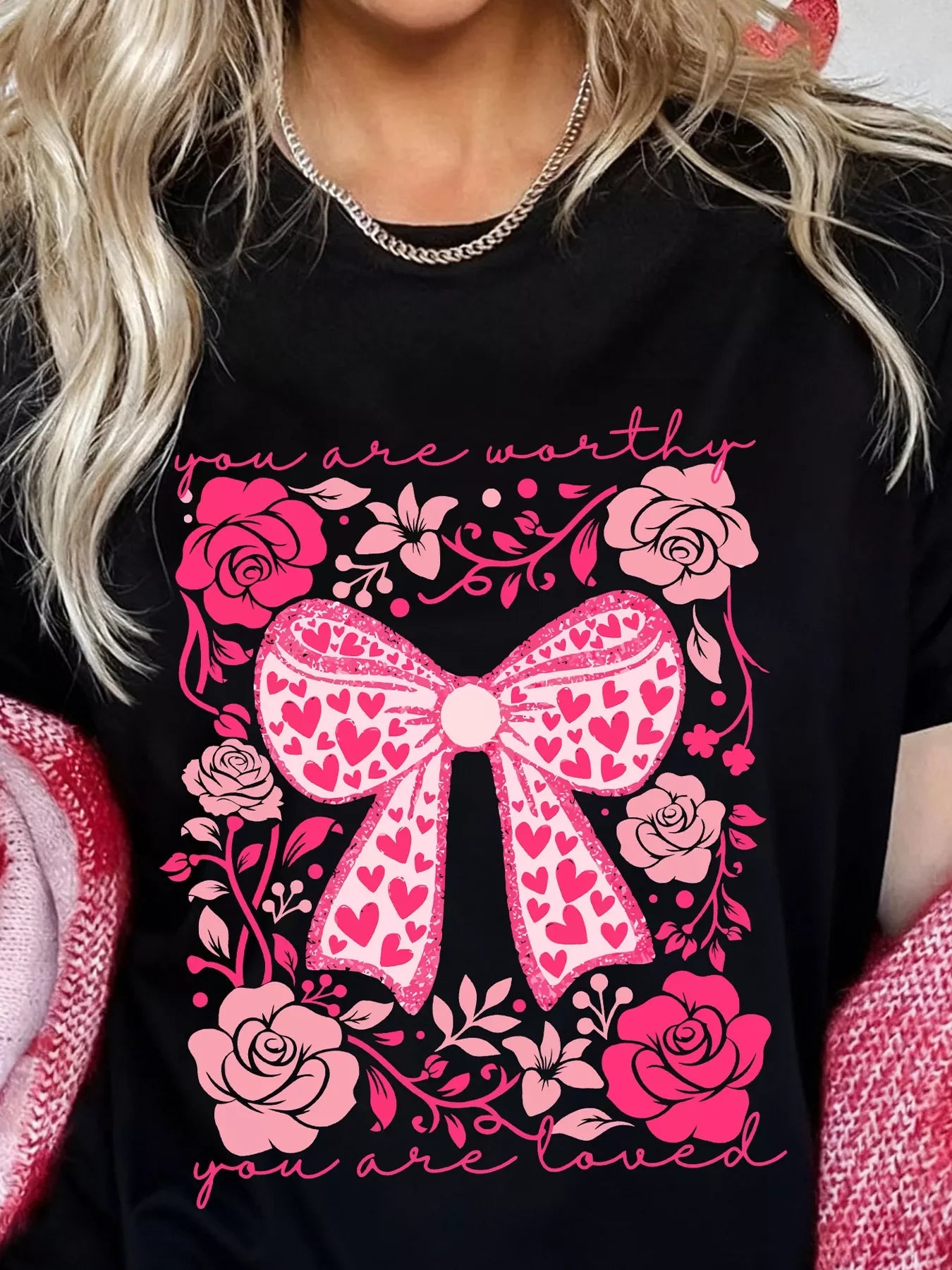 Valentines Day Slogan Floral and Bow T Shirt