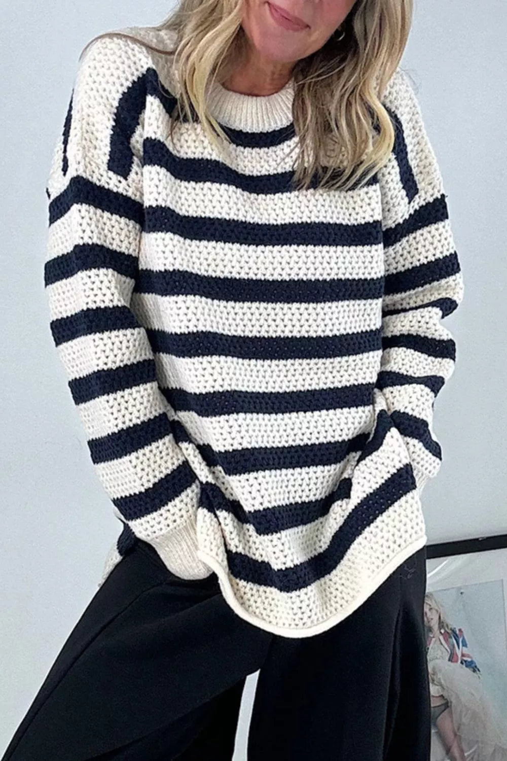 Striped Knit Dropped Shoulder Sweater