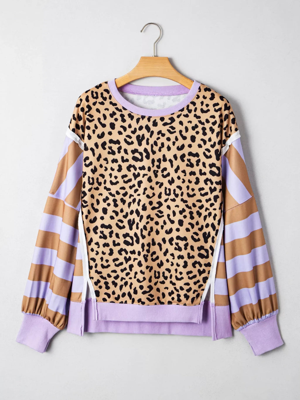 Stripe Color Block Patchwork Leopard Casual Sweatshirt with Slits