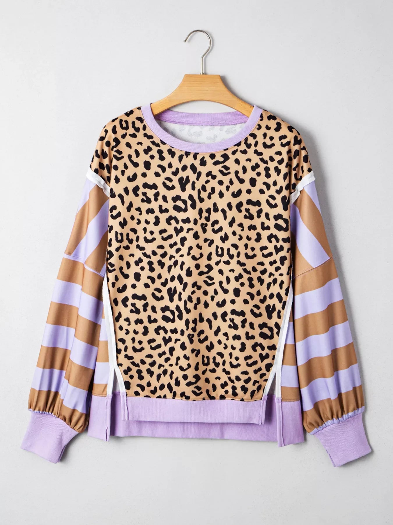 Stripe Color Block Patchwork Leopard Casual Sweatshirt with Slits
