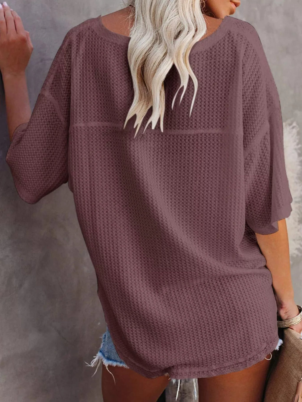 Waffle Knit V-Neck Short Sleeve T-Shirt