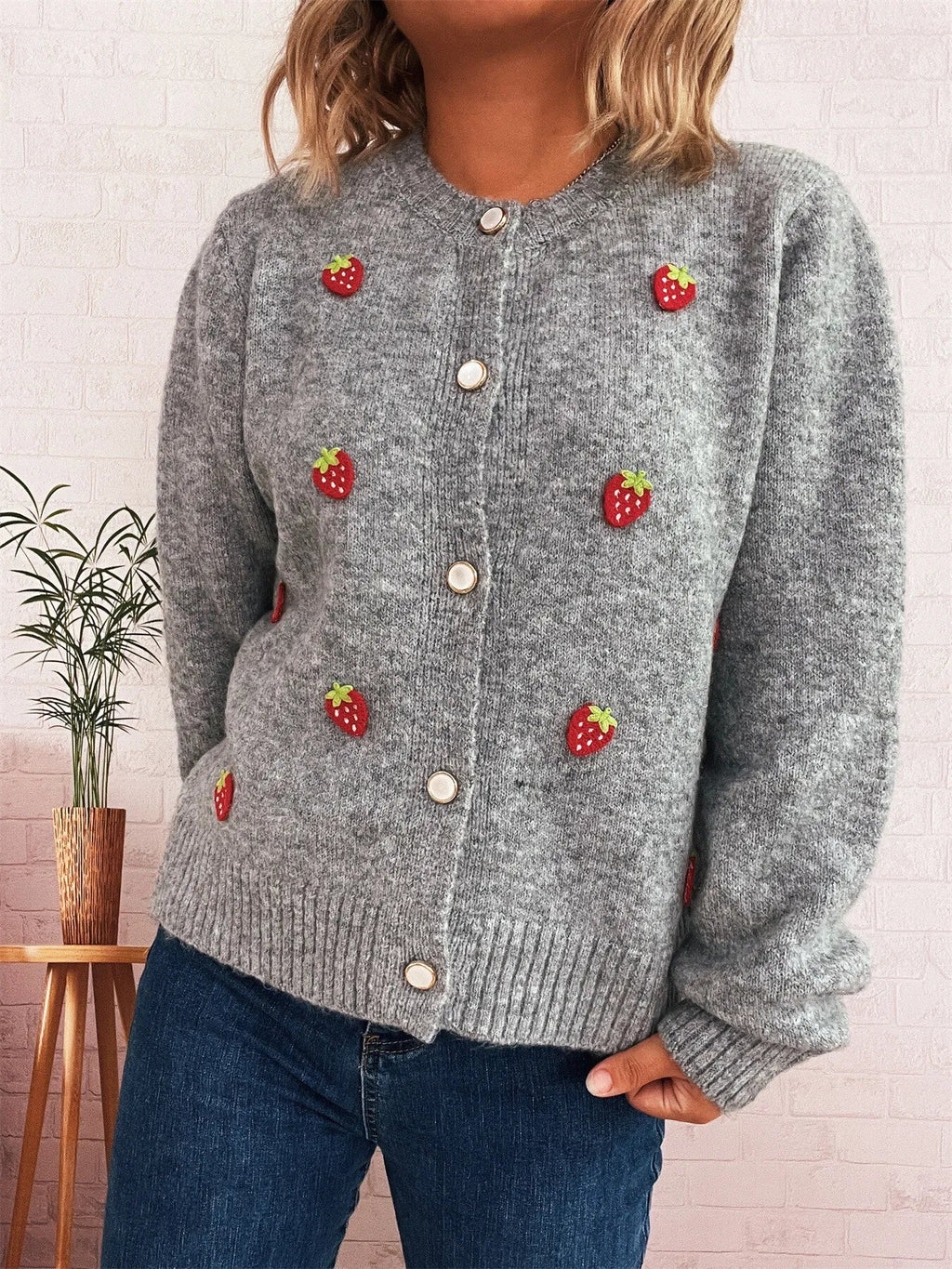 Strawberry Button Up Long Sleeve Cardigan
