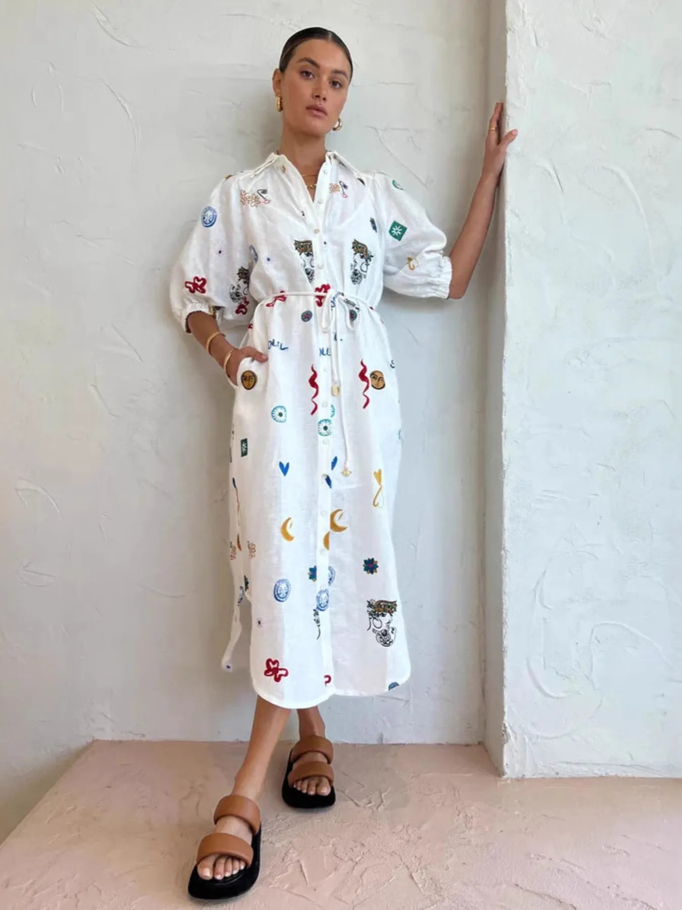Printed Button Up Midi Shirt Dress