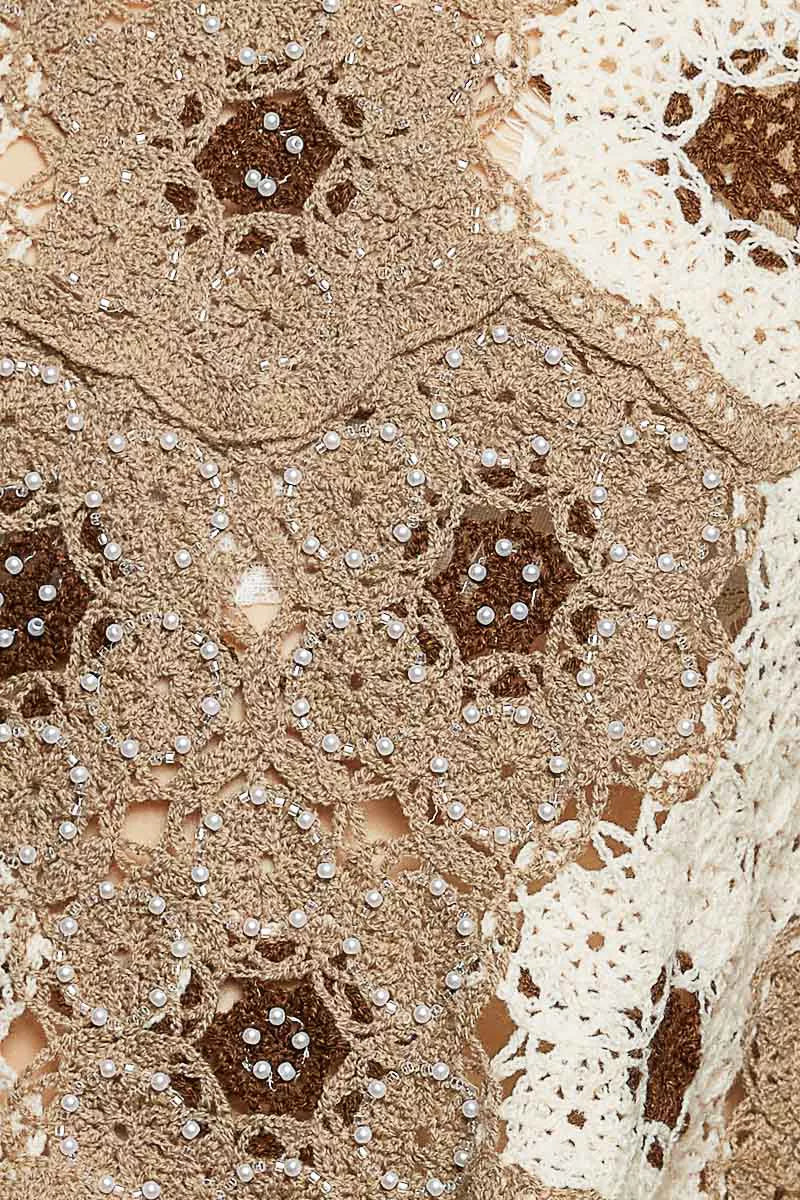 POL Floral Weave Pattern Crochet Cropped Top with Beads Detail