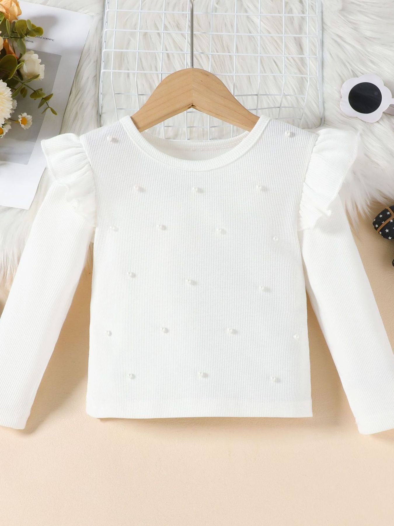 Children's Ruffled Pearl Embellished Top & Faux Leather Shorts Set with Belt