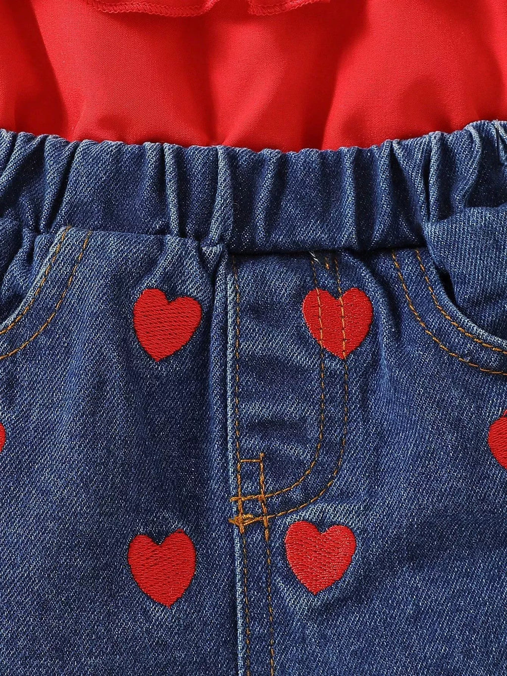 Children's Ruffled Top & Heart Embroidered Denim Shorts Set