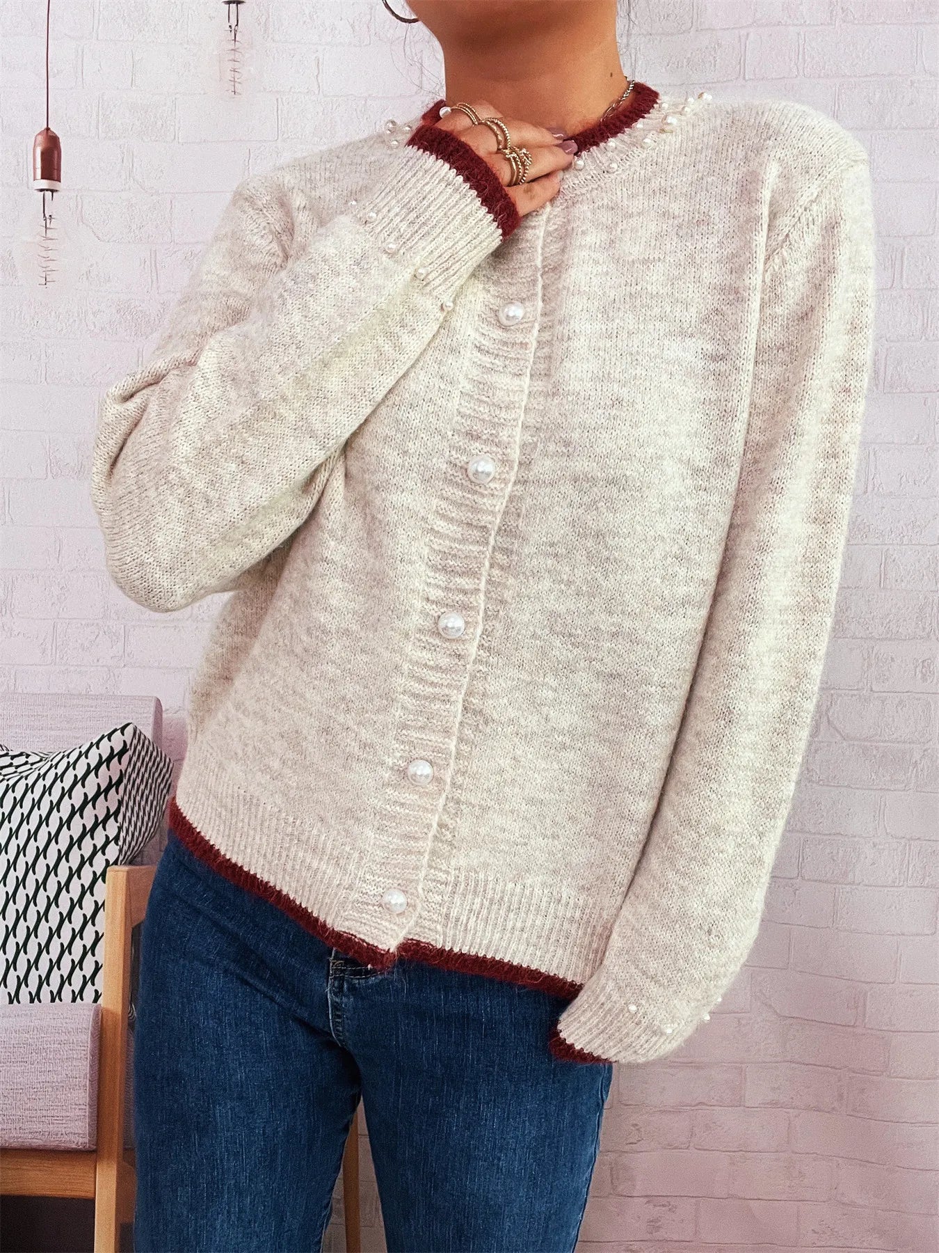 Pearl Embellished Button-Front Cardigan