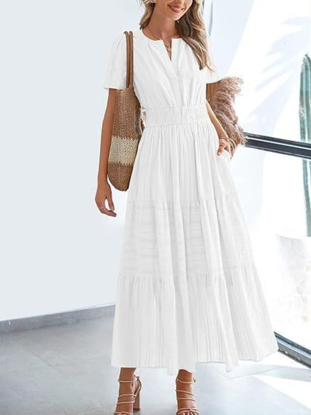 Notched Short Sleeve Tiered Dress