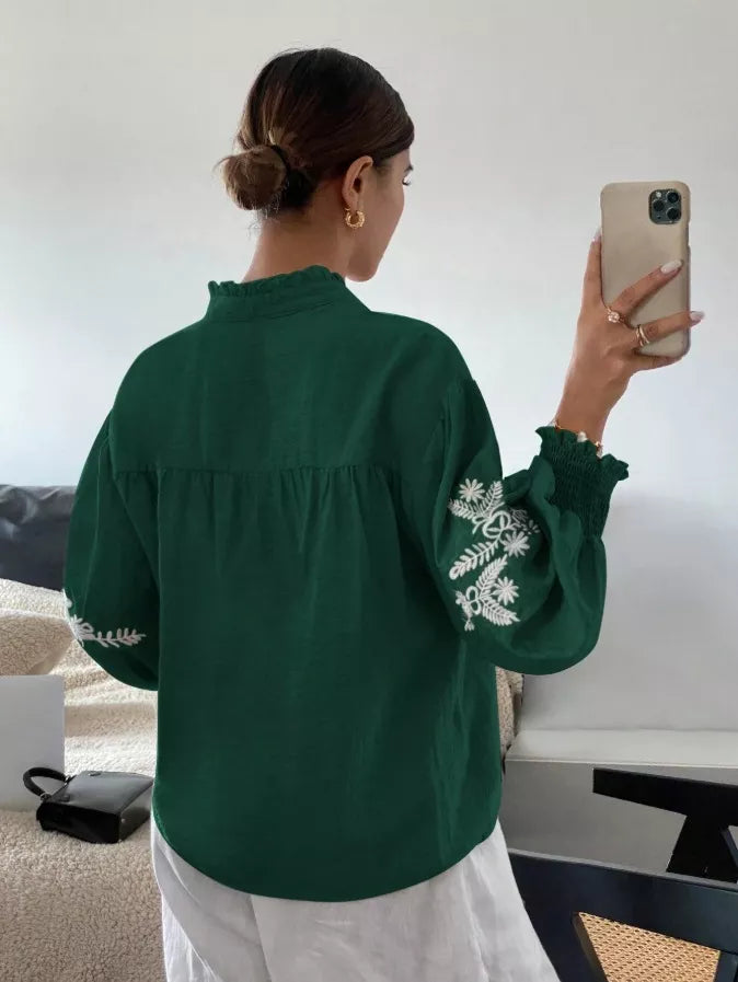 Embroidered Notched Long Sleeve Blouse
