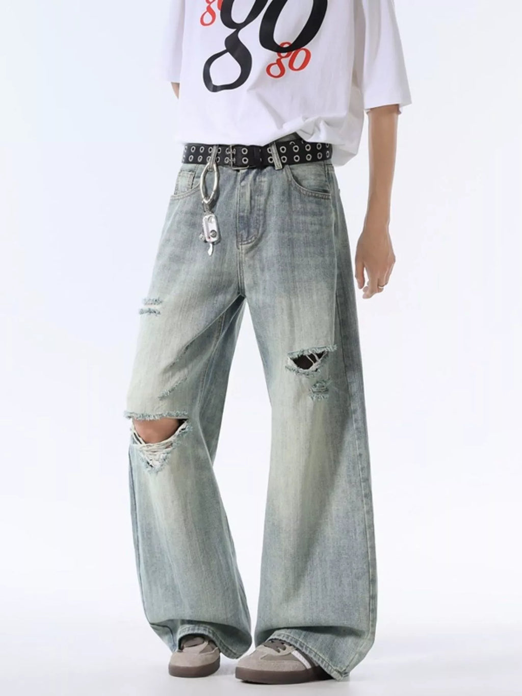 Men's Wash Distressed Wide Leg Jeans