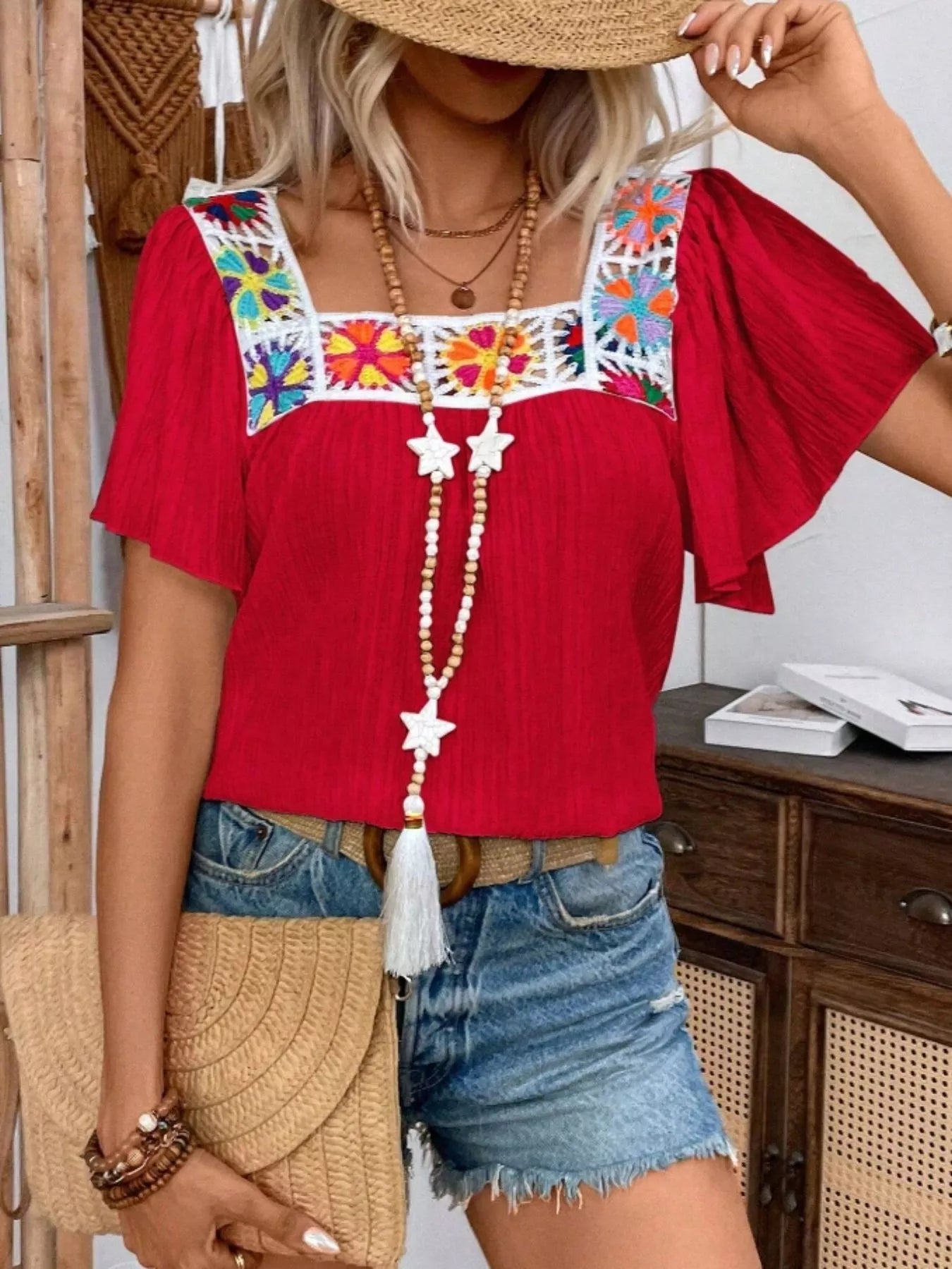 Embroidered Square Neck Flutter Sleeve Blouse