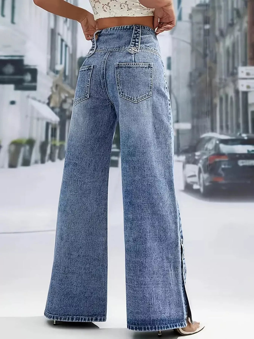 High Waist Button Decor Wide Leg Jeans