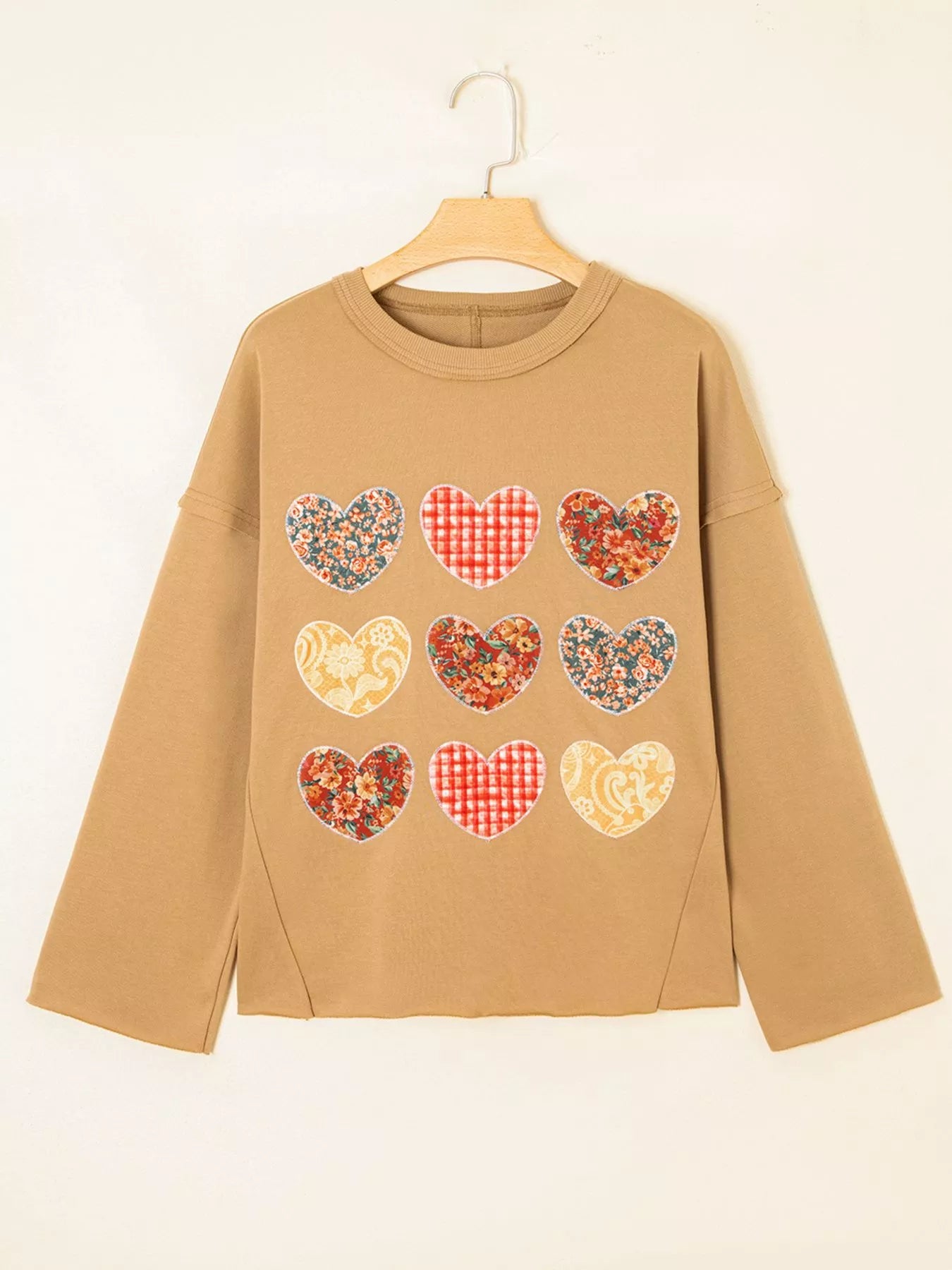 Plaid Floral Heart Stitched Exposed Seam Mineral Wash Sweatshirt