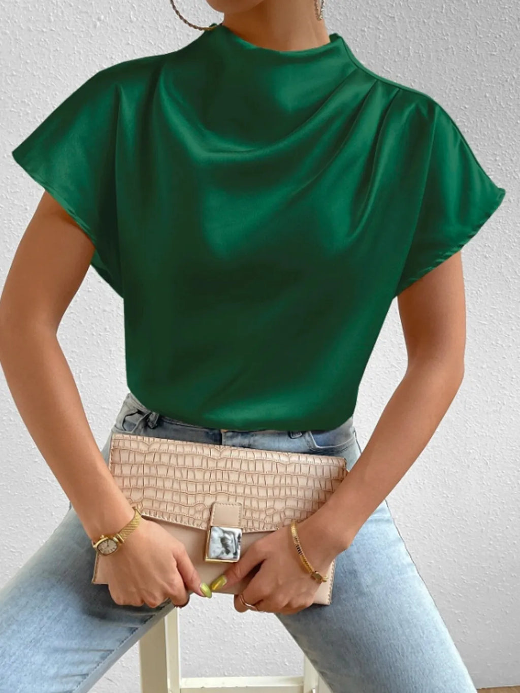 Mock Neck Short Sleeve Blouse