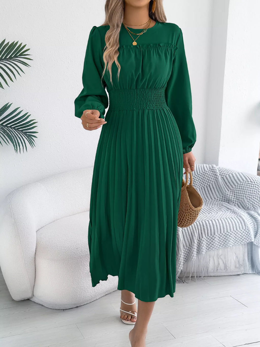 Smocked Pleated Long Sleeve Midi Dress