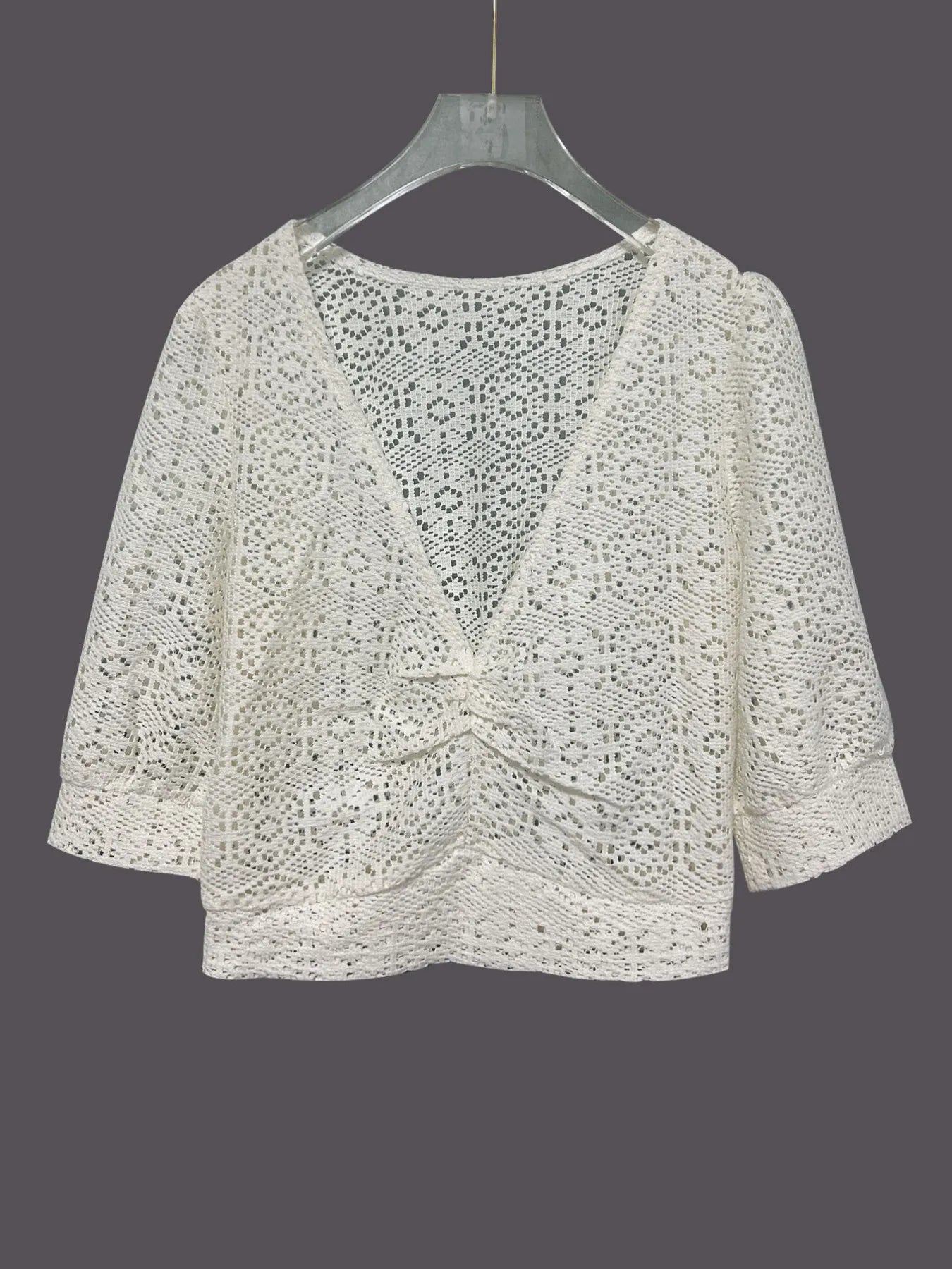 Ruched V-Neck Openwork Crop Knit Top
