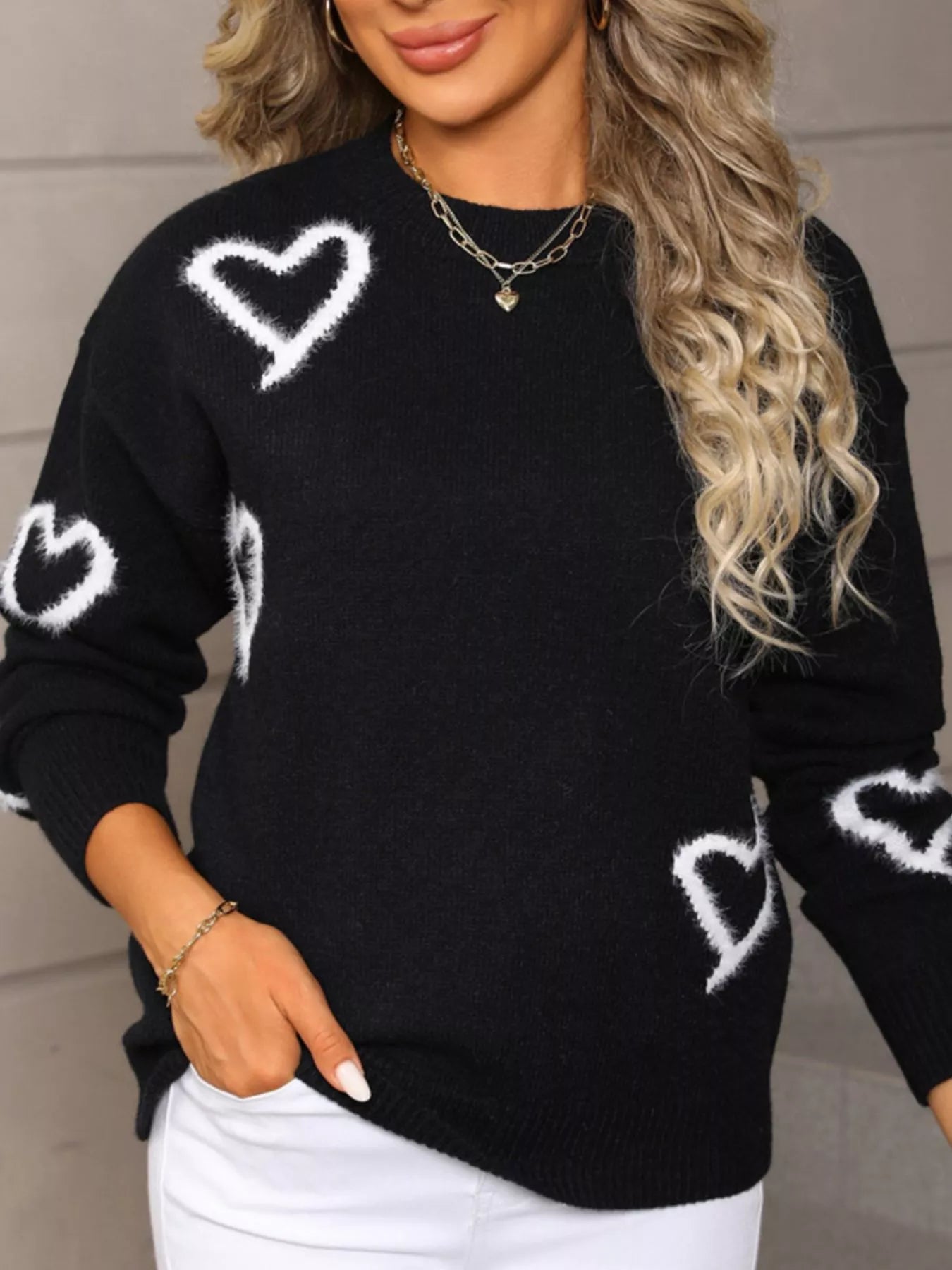 Valentine's Day Heart Print Crew Neck Sweater
