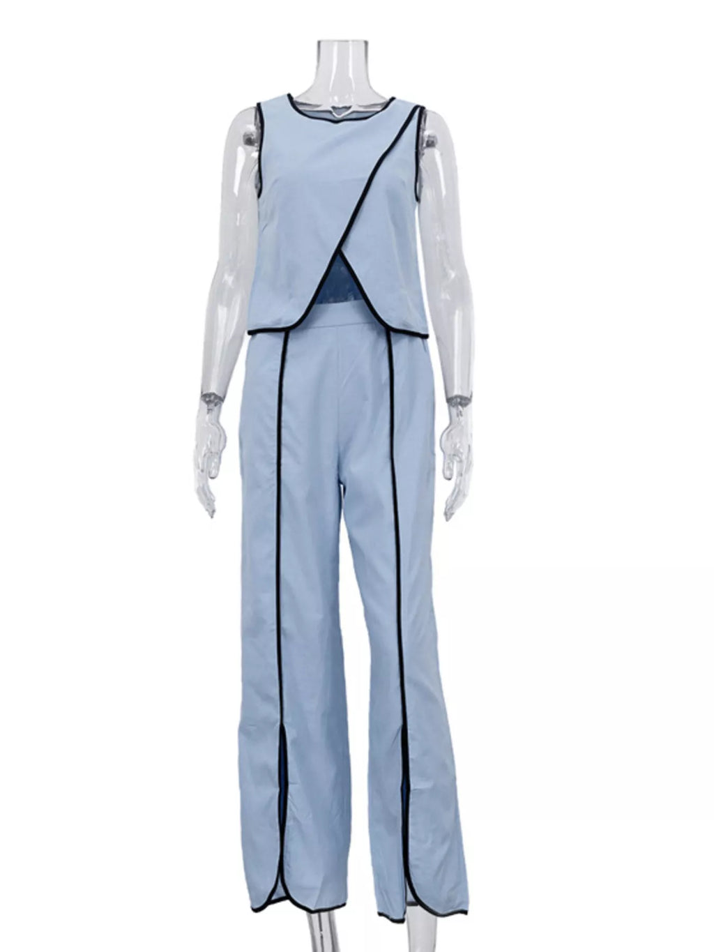 Contrast Trim Sleeveless Top and Wide-Leg Pants Set