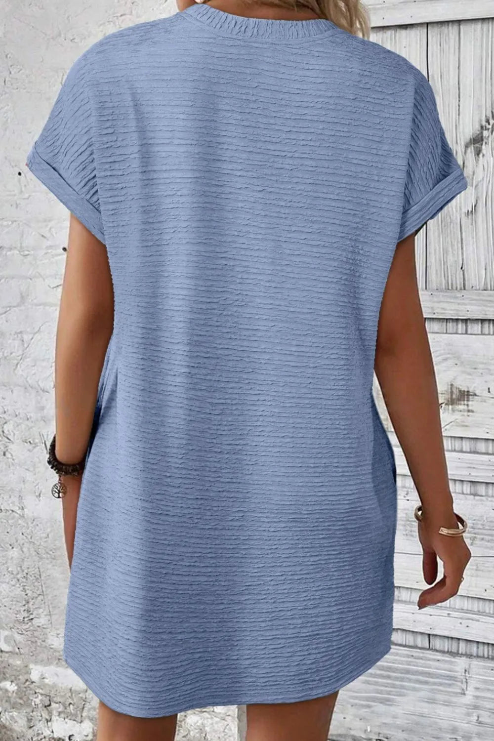 Solid Color Textured Crinkle Short Sleeve T Shirt Dress