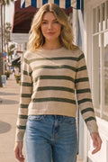 Zenana Lightweight Wool Blend Striped Round Neck Sweater