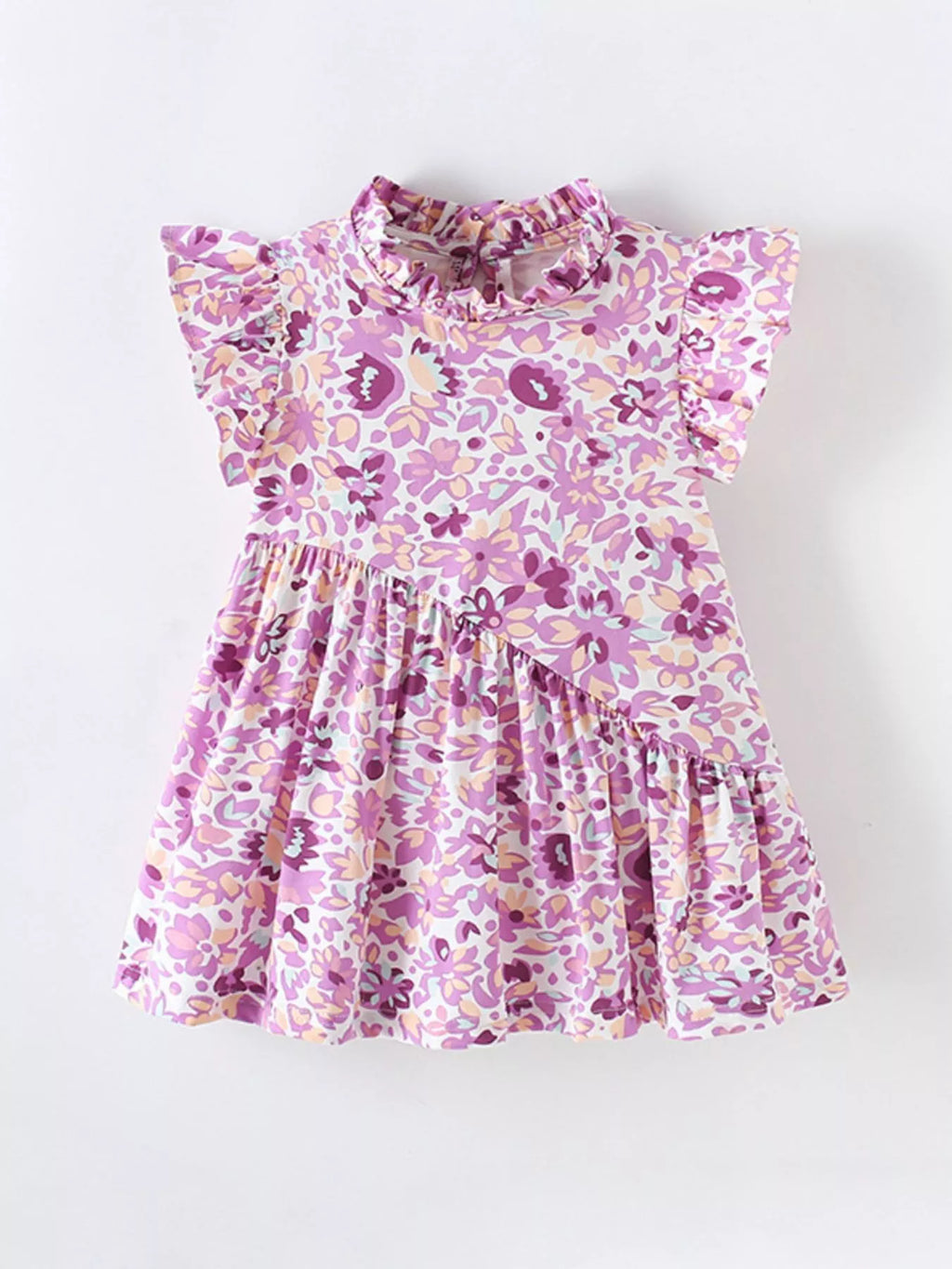 Children's Floral Print Ruffle Trim A-Line Dress