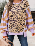 Stripe Color Block Patchwork Leopard Casual Sweatshirt with Slits