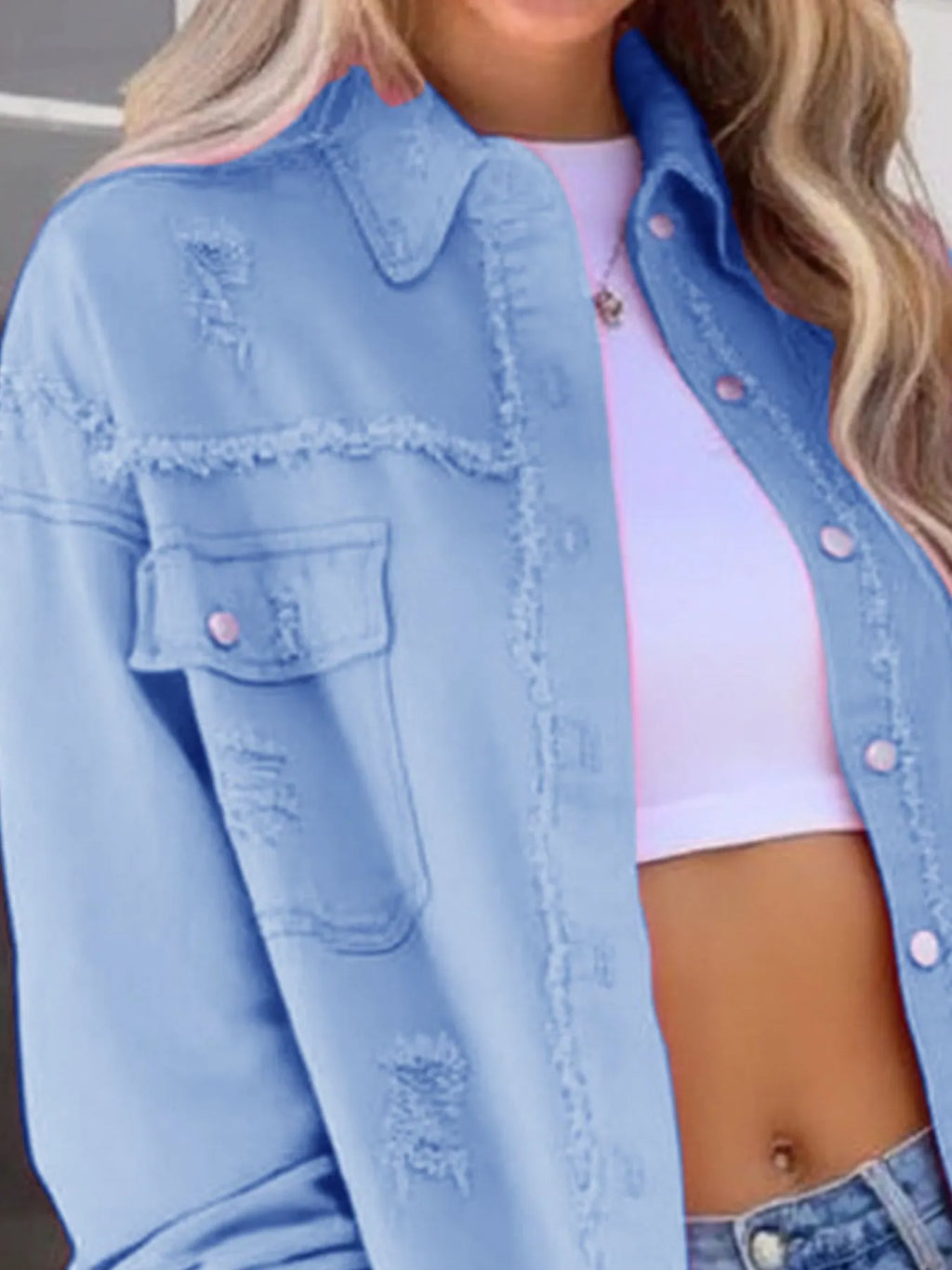 Distressed Denim Jacket with Frayed Edges