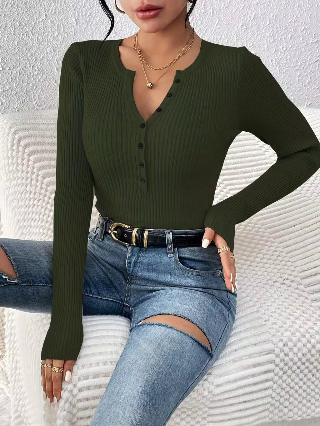 Ribbed Knit Button Front Knit Top