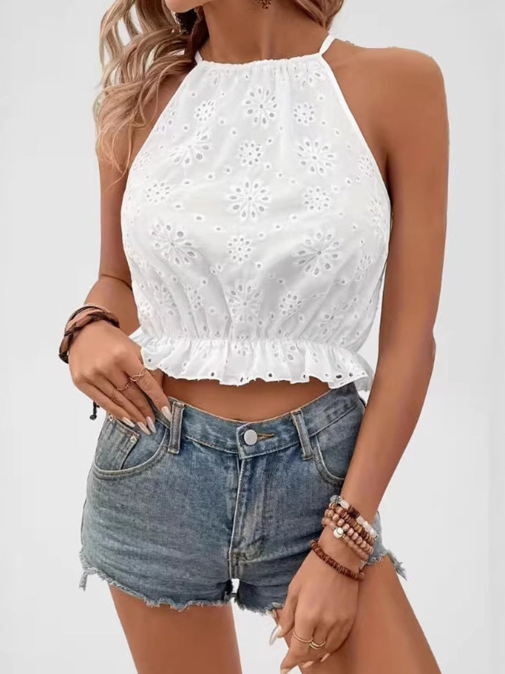 Eyelet Embroidered Ruffled Hem Cami