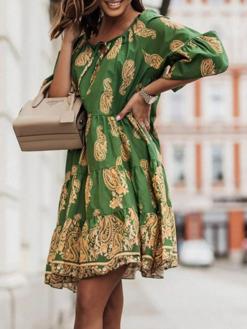 Paisley Print Tie Neck Half Sleeve Mini Dress