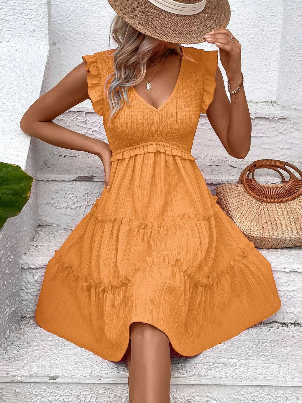 Ruffled V-Neck Cap Sleeve Dress