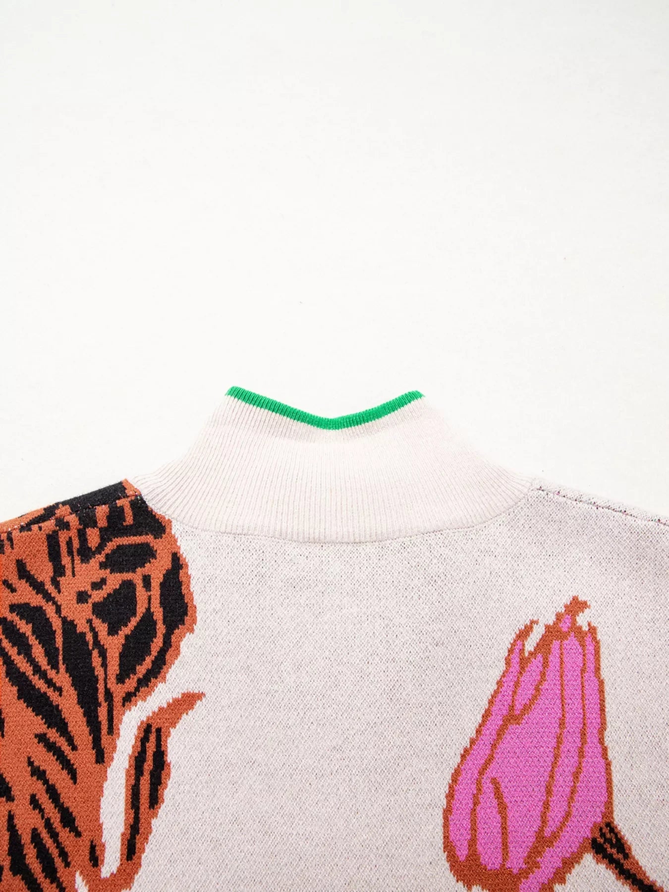 Floral Pattern Knit Quarter Zip Stand Neck Sweater