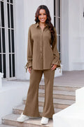 Drawstring Flounce Sleeve Shirt and Pants Set