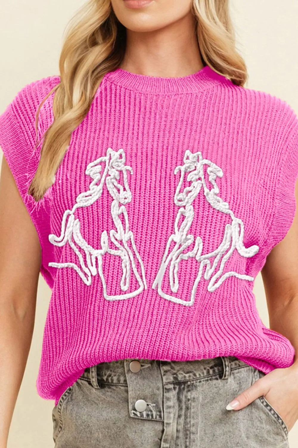 Western Horse Embroidered Round Neck Sweater