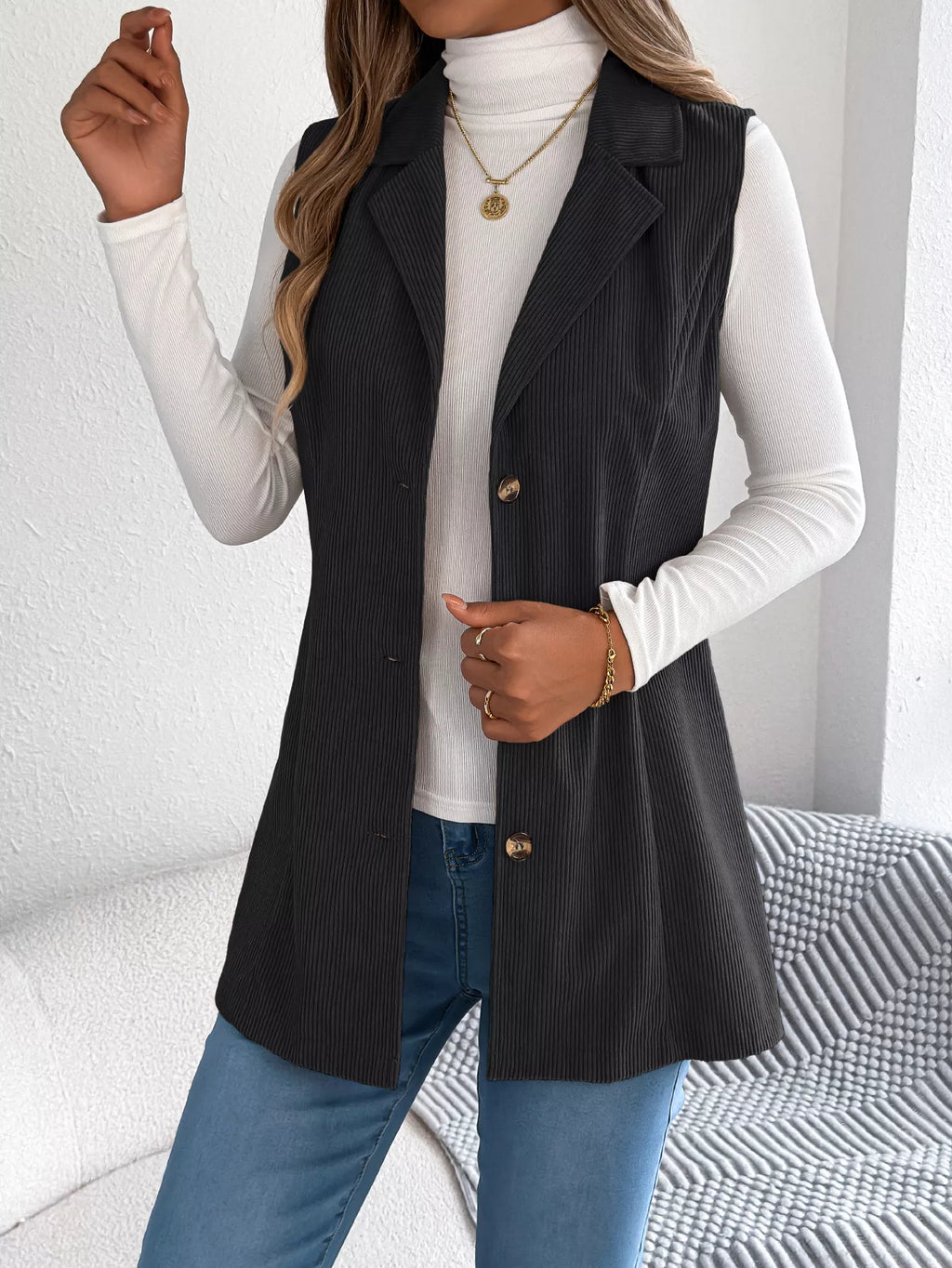 Button-Front Longline Vest Coat