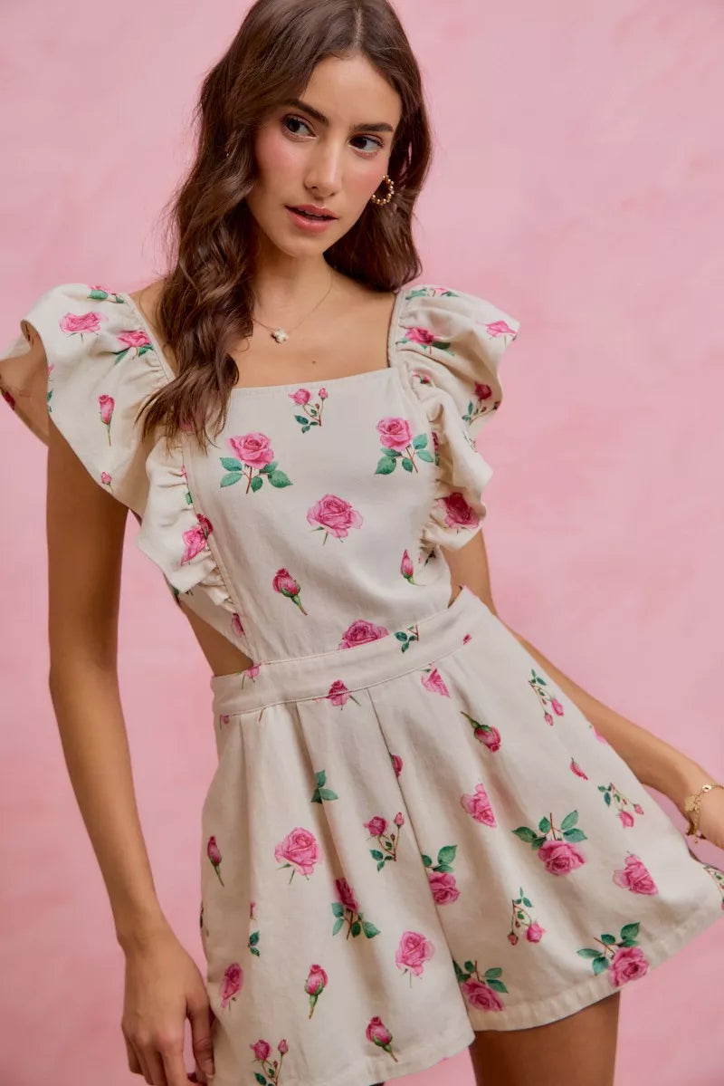 SO ME Floral Print Denim Cut Out Waist Ruffled Romper