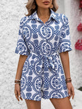 Printed Tie Waist Button Front Romper