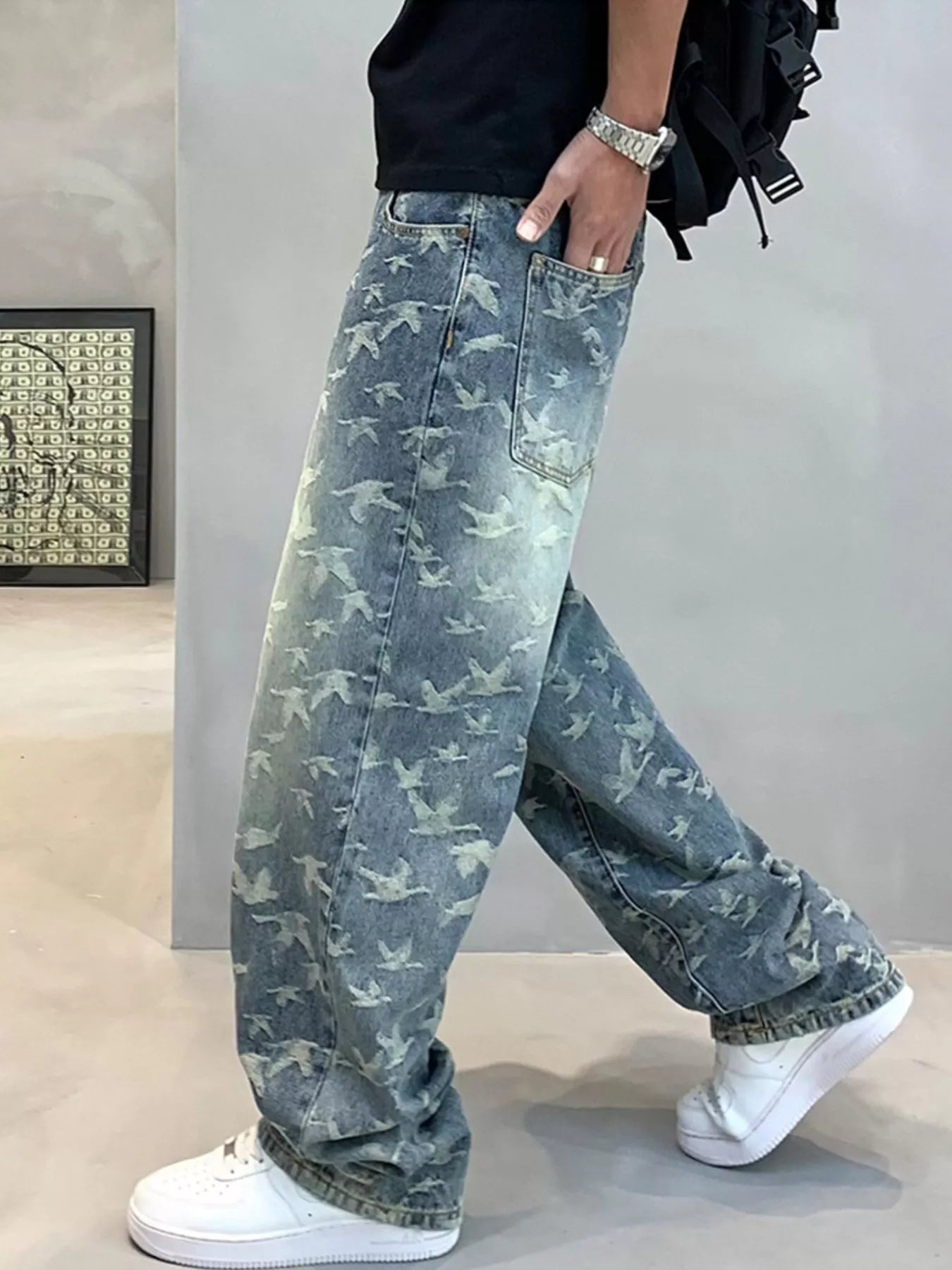 Men's Vintage Bird Print Loose Fit Jeans