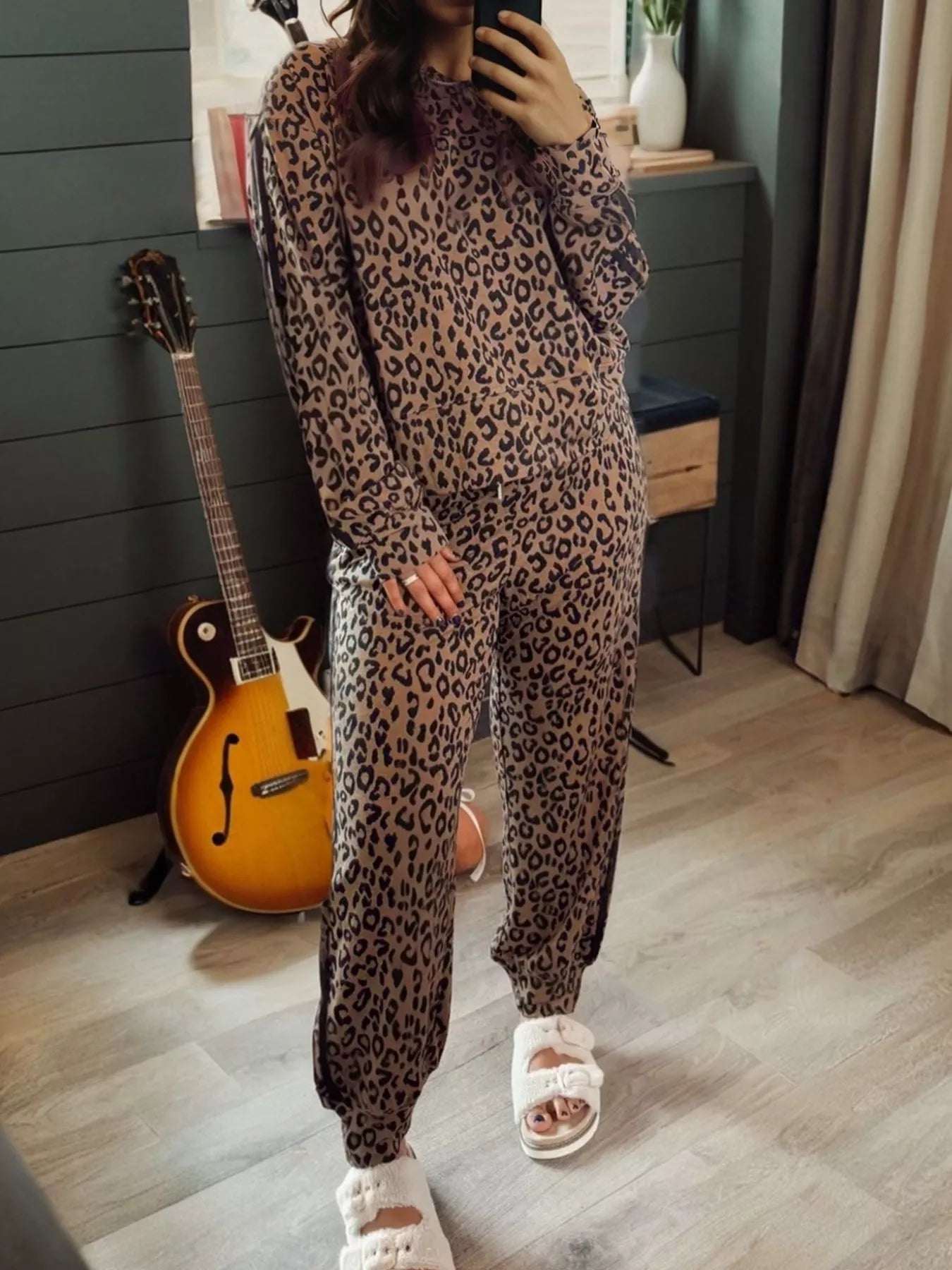 Striped Trim Leopard Long Sleeve Top Drawstring Pant Set