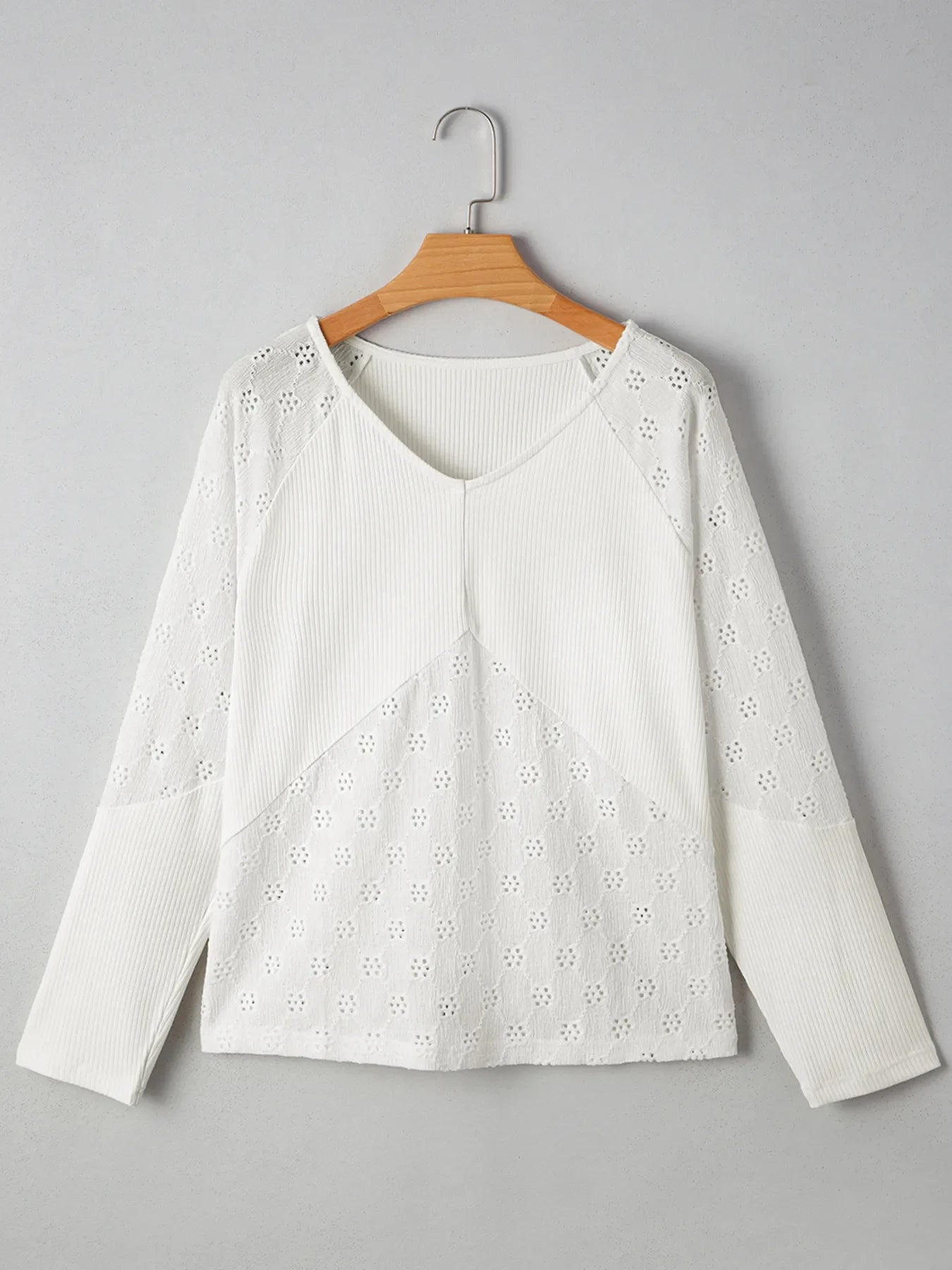 Eyelet Embroidered Loose V Neck Long Sleeve Top