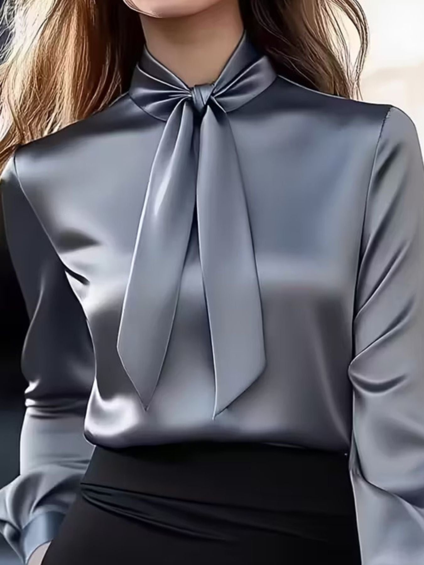 Satin Bow Tie Long Sleeve Blouse