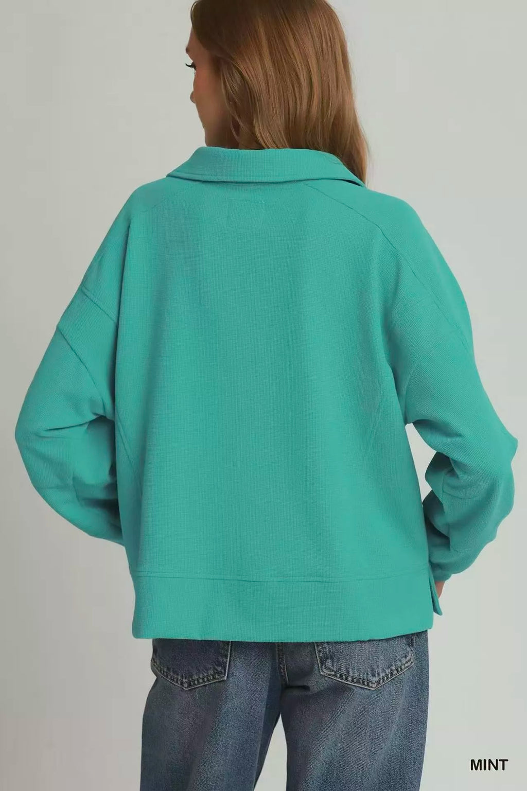 Umgee Brushed Waffle Polo Collared Pullover