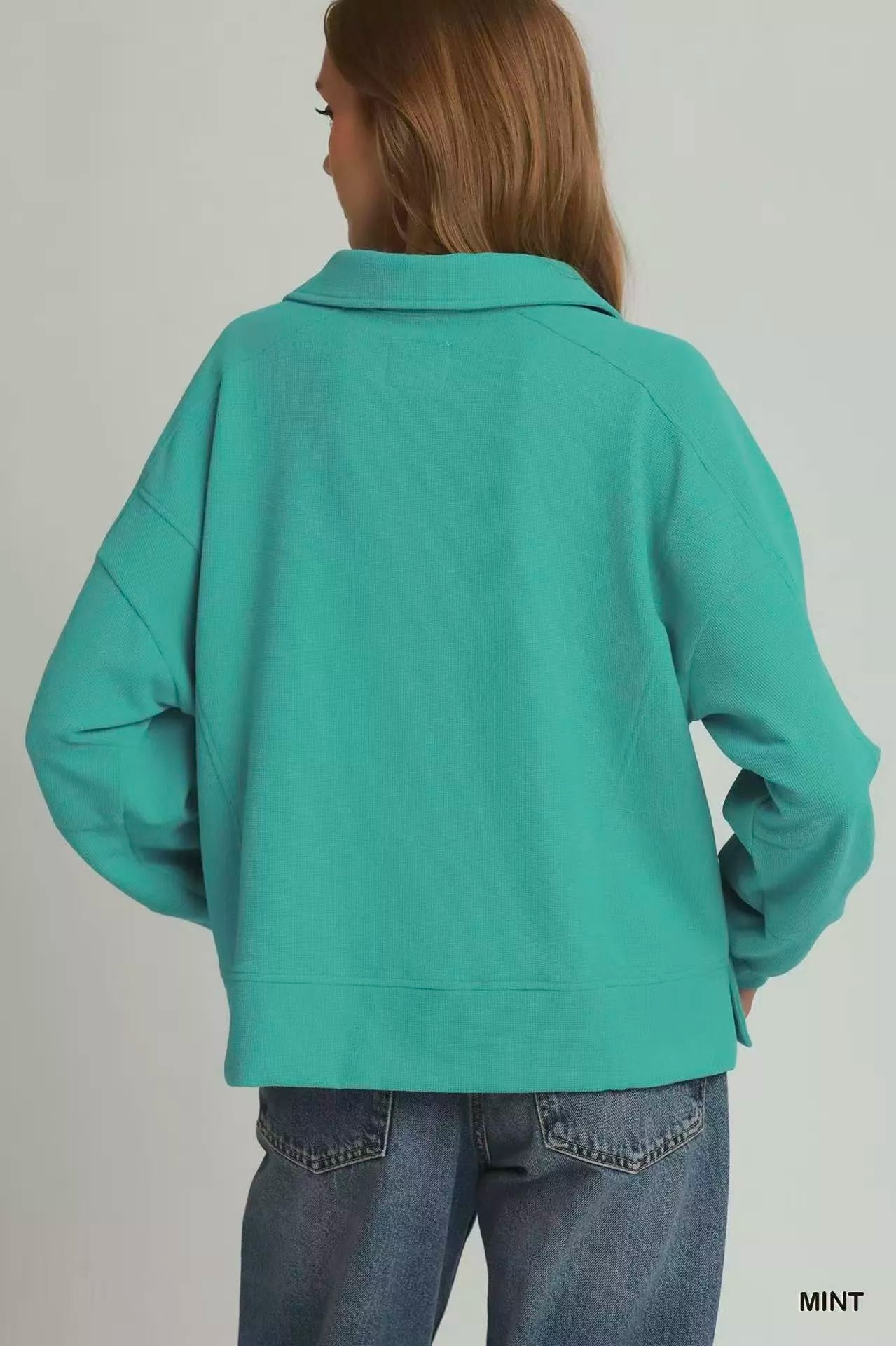 Umgee Brushed Waffle Polo Collared Pullover