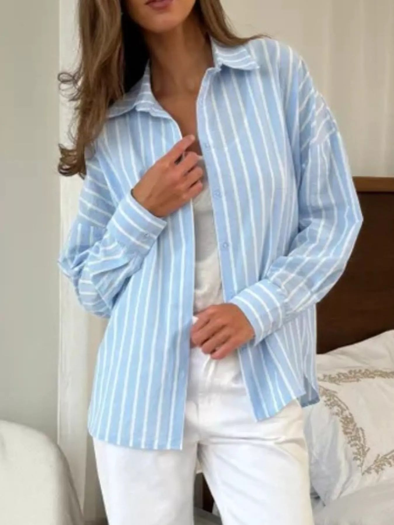 Button Down Striped Collared Neck Long Sleeve Shirt