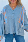 Striped Long Sleeve V-Neck Oversized Sweatshirt