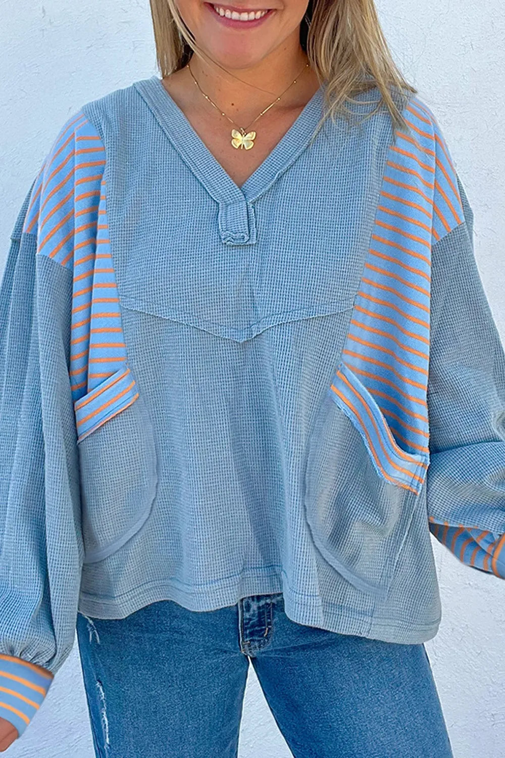 Striped Long Sleeve V-Neck Oversized Sweatshirt