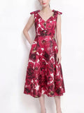 V-Neck Sleeveless Floral Print Midi Dress