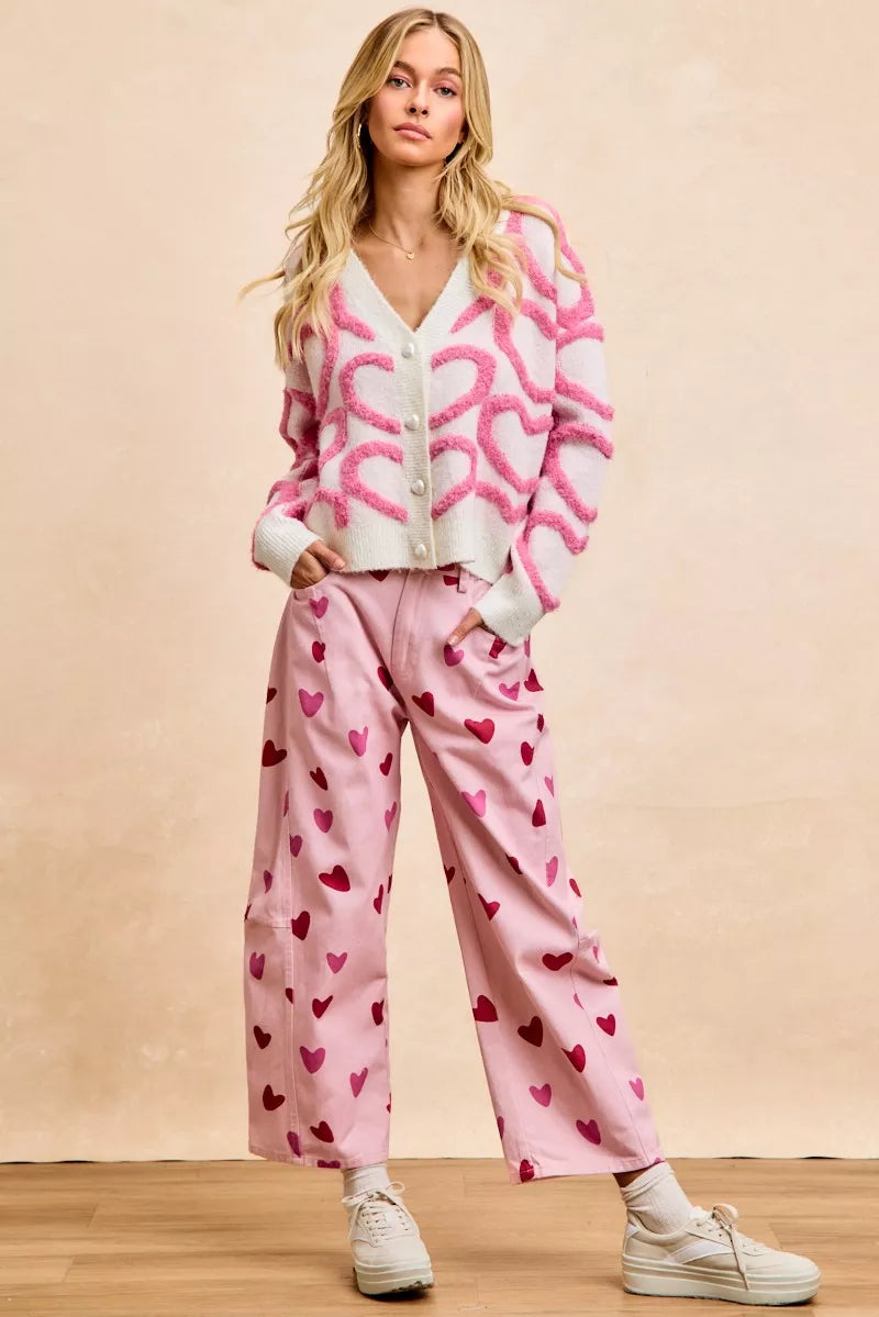 BiBi Textured Heart Buttoned V Neck Cardigan