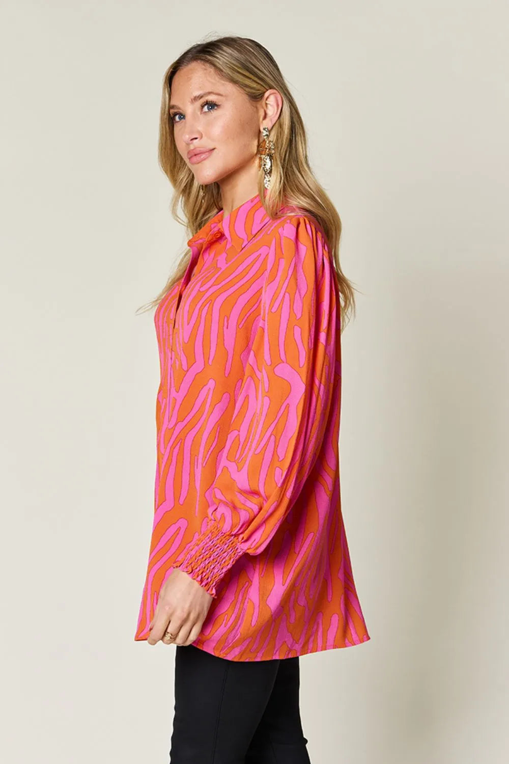 Double Take Full Size Printed Smocked Long Sleeve Blouse Plus Size